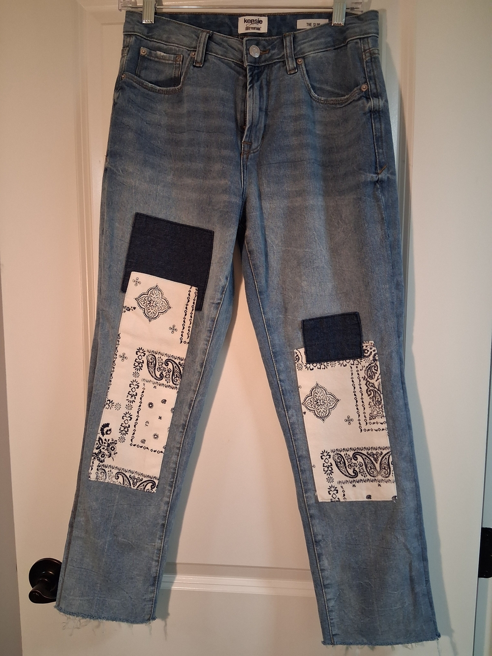 Kensie Light Blue Straight Leg Jeans with Bandana Patch Work
